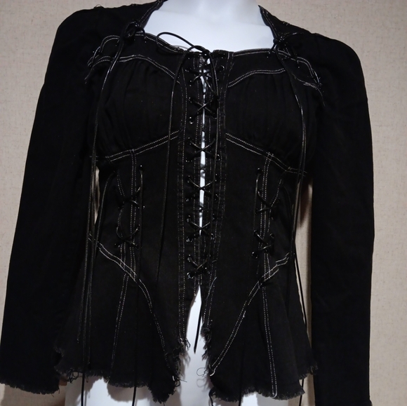 Love Highlight Black Corset Shirt Stretch Denim Lace Up Long Sleeve Size L - Picture 4 of 6
